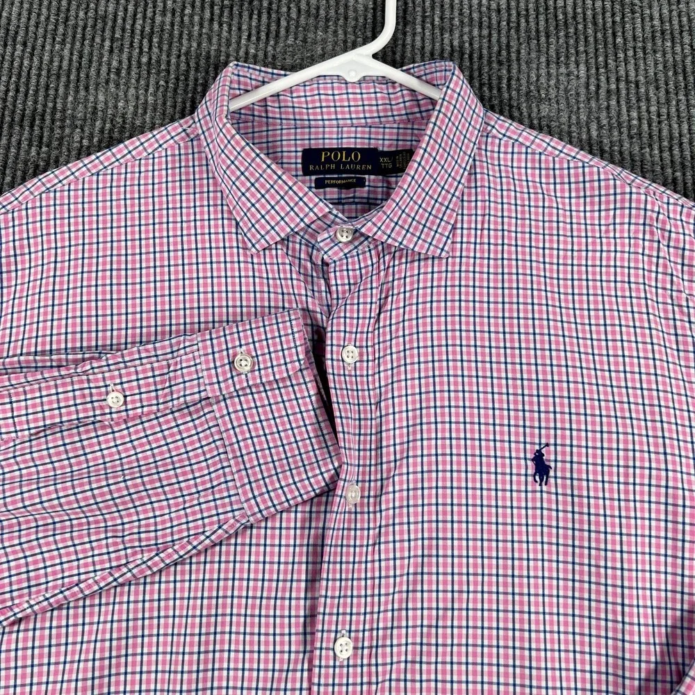 Polo Ralph Lauren Shirt Mens 2XL XXL Pink Blue Check Long Sleeve Performance